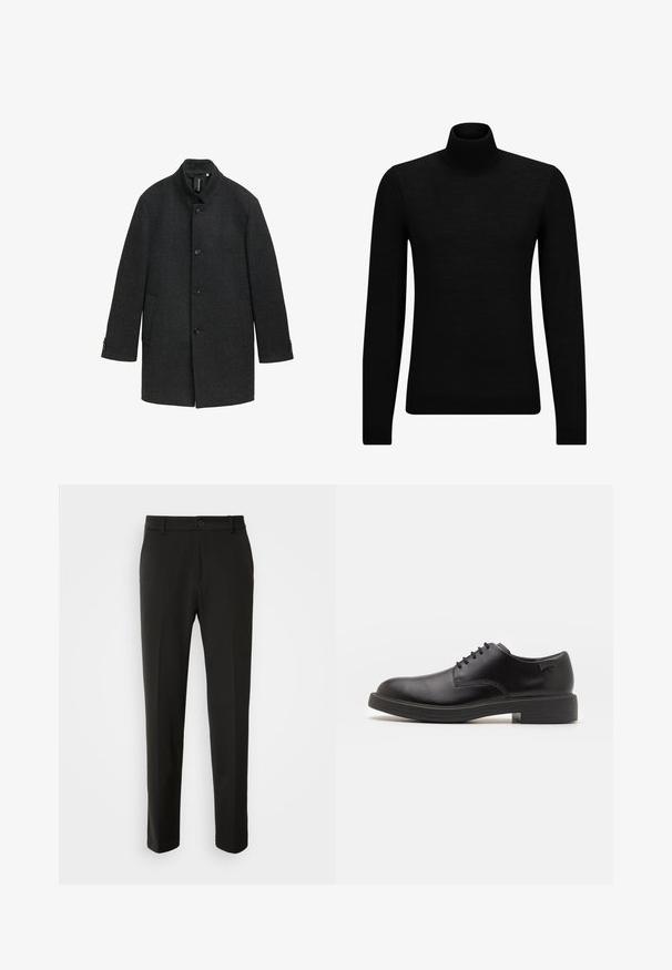 Abrigo de lana gris oscuro con un cuello alto, cierre de botones, dos bolsillos laterales y tejido texturizado. Presenta un corte entallado y detalles sutiles.; Jersey de cuello alto negro hecho de un material suave, con mangas largas y un ajuste ceñido. Ribete acanalado en el dobladillo y los puños. Diseño simple.; Polo de manga larga en gris claro, hecho de una tela suave, con una tapeta de tres botones y puños acanalados, con un diseño de cuello clásico.; Pantalones negros hechos de una tela suave, con piernas rectas, cierre de botón y un diseño clásico adecuado para ocasiones formales o informales.; Zapato negro de cuero con cordones, punta redondeada, textura suave, costuras mínimas y tacón bajo de goma. Logo en el tacón.