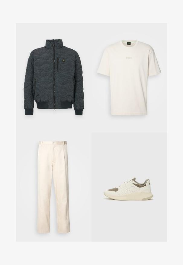Casaco acolchoado em cinza escuro com colarinho alto, fecho frontal, dois bolsos laterais e punhos elásticos. Apresenta uma textura subtil e um logo em destaque.; BOSS TEE - T-shirt básica - open white; Calças de algodão bege com corte reto, apresentando um fecho de botão e pregas na frente para um detalhe adicional.; Sapatilha atlética branca e bege claro, com parte superior em malha, detalhes perfurados e uma entressola texturizada com marcação no calcanhar.