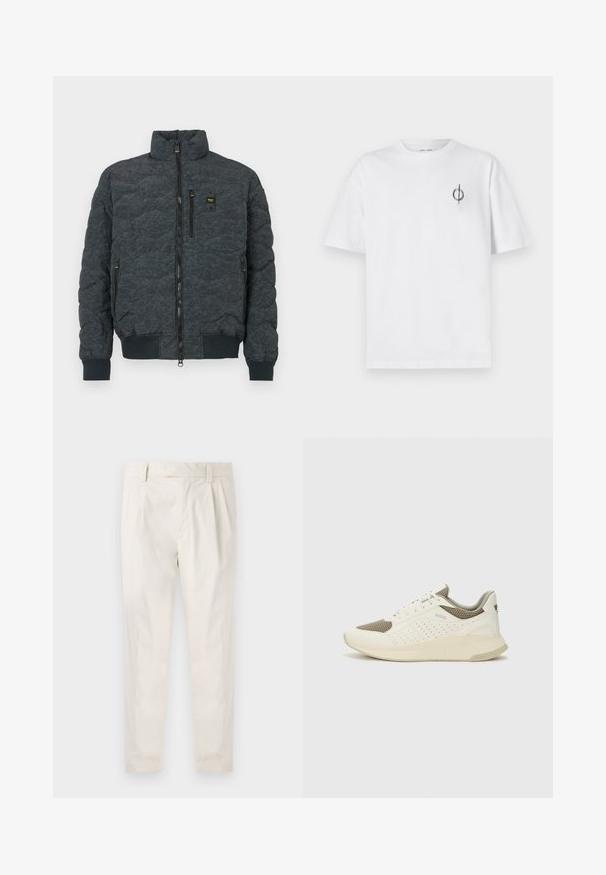 Išklota tamsiai pilka pūkinė striukė su aukštu apykakle, priekyje užtrauktuku, dviem šoninėm kišenėm ir elastingais rankogaliais. Savybė - subtili tekstūra ir logotipo akcentas.; Balta medvilninė marškinė su laisvu siluetu, su mažą juodą grafiką logotipą kairėje krūtinės pusėje. Trumpomis rankovėmis, apvaliu kaklu.; Balti, susiūtos kelnes, turinčios pritaikytą siluetą, pasižyminčias lygia tekstūra, dirželio kilpomis ir siaurėjančiomis kojomis. Nėra matomų kišenių ar raštų.; Baltas ir šviesiai bežinis sportinis kedas, su tinklo viršumi, perforuotais detalėmis ir tekstūruotu tarpine su logotipu ant kulno.