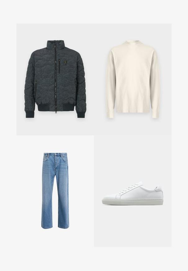 Prošívaná tmavě šedá péřová bunda s vysokým límcem, předním zipem, dvěma postranními kapsami a elastickými manžetami. Obsahuje jemnou texturu a akcent s logem.; Halenka s dlouhým rukávem a stojáčkem z jemné krémové bavlny. Hladký povrch, volný střih, minimalistický design, bez viditelných vzorů nebo akcentů.; Světle modré džínové kalhoty s rovnými nohavicemi, pěti kapsami, zapínáním na knoflík, minimálním vyblednutím a kontrastním prošitím.; Bílé tenisky s hladkým koženým svrškem a nízkým profilem. Mají zaoblenou špičku, šest nýtů a texturovanou gumovou podrážku.
