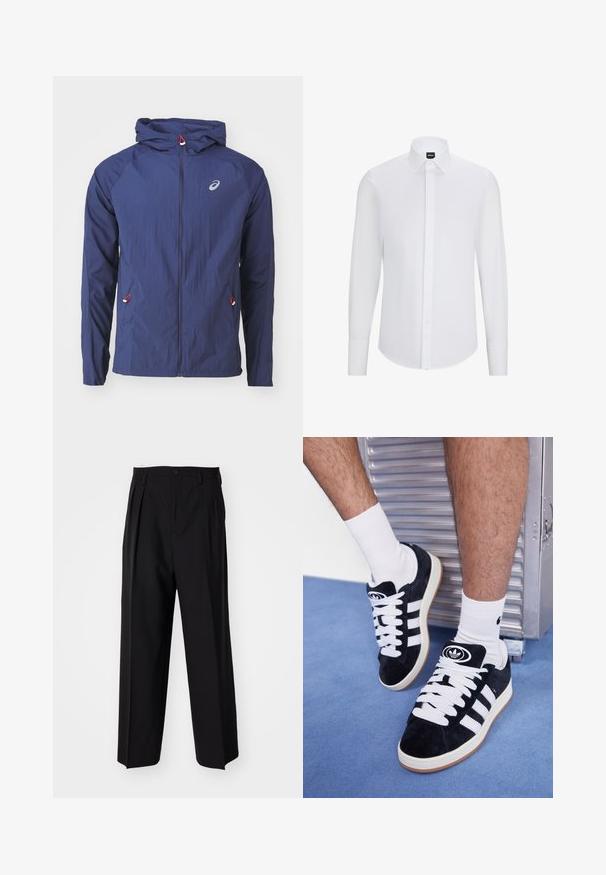 ASICS ROAD PACKABLE JACKET - Windjack - blue expanse; Witte langemouw overhemd met knopen en een spitse kraag, gemaakt van gladde stof, met een voorflap en een ronde zoom.; Zwarte geplooide broeken met een rechte, brede pijpontwerp. Gemaakt van soepele stof, met een knoopsluiting en riemlussen.; Zwarte suède sneakers met witte veters en drie witte strepen. Heeft een cirkelvormig zwart logo op de tong en een gumrubberen zool.