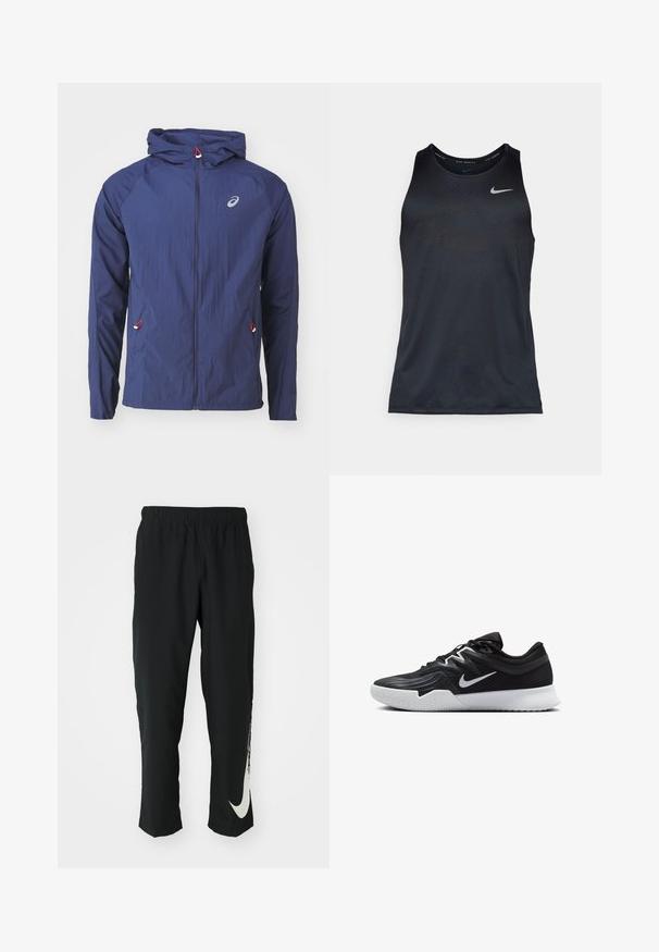 ASICS ROAD PACKABLE JACKET - Cortaviento - blue expanse; Camiseta sin mangas negra de Nike hecha de un tejido ligero y suave. Cuello redondo y diseño sin mangas con un sutil patrón texturizado y logo.; Pantalones deportivos negros con cinturilla elástica, diseño cónico, que presentan un gran logo blanco de Nike en la pierna izquierda. Tejido suave y ligero.; Zapatilla deportiva negra con parte superior texturizada, logo de Nike en blanco y suela de goma blanca. Tiene un diseño con cordones y una forma dinámica.