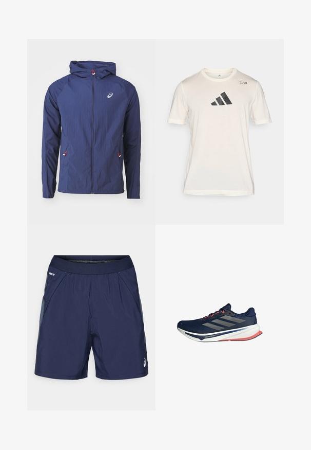 ASICS ROAD PACKABLE JACKET - Windbreaker - blue expanse; adidas Performance Sports T-shirt - chalk white; Navy blue athletic shorts with elastic waistband, side pockets, and light gray accents. Made of lightweight, smooth fabric for comfort.; Navy running shoe with mesh upper, three silver stripes, red accents on laces and outsole, cushioned white midsole, lightweight design.
