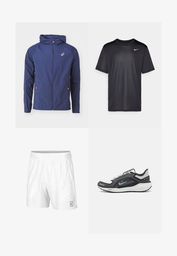 ASICS ROAD PACKABLE JACKET - Windbreaker - blue expanse; Schwarzes Sport-T-Shirt mit kurzen Ärmeln, Rundhals, aus glattem Stoff. Besitzt ein kleines weißes Nike-Logo auf der oberen linken Seite.; Weiße Sportshorts aus leichtem Gewebe mit einem elastischen Bund, ausgestattet mit zwei Seitentaschen und einem kleinen schwarzen Logo am Saum.; Schwarzer und grauer Sportschuh mit einem Mesh-Obermaterial, reflektierenden Akzenten und einer weißen Zwischensohle. Verfügt über eine strukturierte Gummisohle und Schnürsenkel.