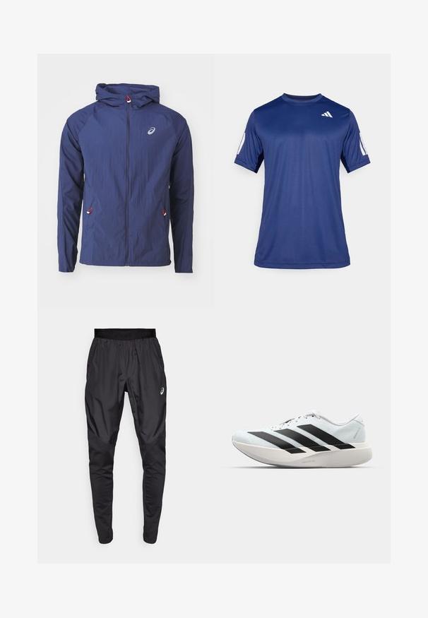 ASICS ROAD PACKABLE JACKET - Giacca a vento - blue expanse; Maglietta atletica blu navy a maniche corte realizzata in tessuto morbido, con scollatura a girocollo e dettaglio del logo bianco sulla parte superiore sinistra del petto.; Pantaloni sportivi neri con una cintura elastica, tasche laterali e pannelli di texture a contrasto sulle gambe. Logo Asics sull'anca.; Scarpe da corsa leggere di colore azzurro pallido con strisce nere. Presentano una tomaia liscia, punta rotonda e un'ampia intersuola bianca etichettata "LIGHTSTRIKE PRO."