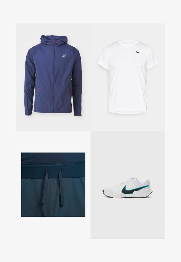 ASICS ROAD PACKABLE JACKET - Větrovka - blue expanse; Bílý krátký rukáv Nike tričko vyrobené z hladkého syntetického materiálu, s černým logem na levé straně hrudi.; Tmavě modré sportovní šortky s hladkým pasem, nastavitelnými šňůrkami a texturovanou látkou.; Bílé sportovní tenisové boty s texturovaným síťovým vrškem, černou gumovou podrážkou a akcentem v barvě tyrkysové na logu Nike. Obsahují šněrování a polstrovaný límec.