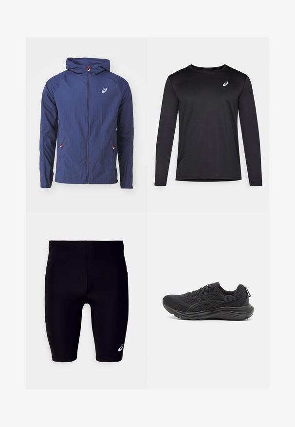 ASICS ROAD PACKABLE JACKET - Windbreaker - blue expanse; Black long-sleeve athletic shirt made of textured fabric, featuring a round neckline and a small logo on the chest.; Black athletic shorts made of stretchy material, featuring a tight fit, knee-length design, and a small white logo on the lower side.; Black athletic shoes made from mesh and synthetic materials, featuring a textured upper, lace-up design, and a cushioned sole with a pull tab.