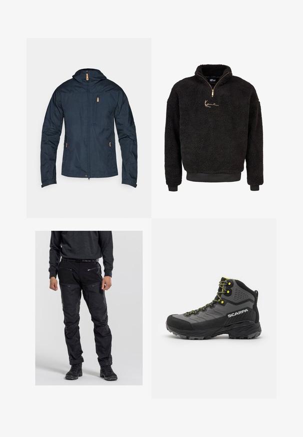 Navy blue lightweight jacket with a zip front, hood, and multiple pockets. Features include textured fabric and contrasting tan hardware accents.; Black fleece pullover with a half-zip front and high collar. Features a gold embroidered logo and ribbed cuffs and hem. Soft, textured finish.; Black outdoor pants made of durable fabric, featuring multiple zipped pockets, a textured surface, and reinforced knee areas. Worn with dark footwear.; Black and grey hiking boot with textured fabric, bright yellow accents, reinforced toe, and rubber outsole featuring deep treads for traction.