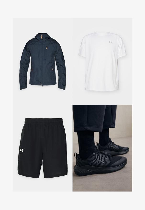 Jachetă ușoară de culoare bleumarin, cu fermoar în partea din față, glugă și mai multe buzunare. Caracteristicile includ un material texturat și accente de hardware în nuanță de bej. ; Camică sport cu mânecă scurtă, de culoare albă, fabricată dintr-un material neted. Dispune de un guler tip crew și un logo gri pe pieptul stâng, cu slituri laterale la tiv.; Șorturi atletice negre, dintr-un material ușor, cu un tiv elastic și un logo alb pe partea stângă.; Persoană purtând adidași sport negri cu laturi texturate și logo, asortați cu șosete negre și pantaloni scurți, pe un podea deschisă.