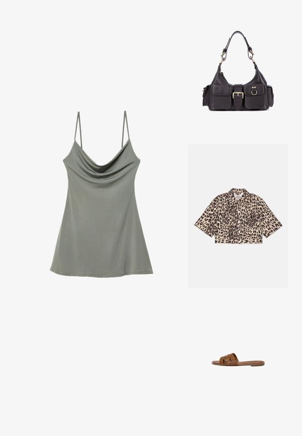 Leopard print cropped jacket with short sleeves, button closure, and two front pockets. Made from soft fabric with a textured finish.; Draped, light gray camisole top with thin adjustable straps, made from soft fabric, featuring a relaxed fit and smooth texture.; Brown leather slide sandal with crossed straps, flat sole, and a smooth texture. Simple design without embellishments or patterns.; Dark leather handbag featuring two front pockets, a central buckle, and gold-tone hardware. Smooth texture with a curved silhouette.