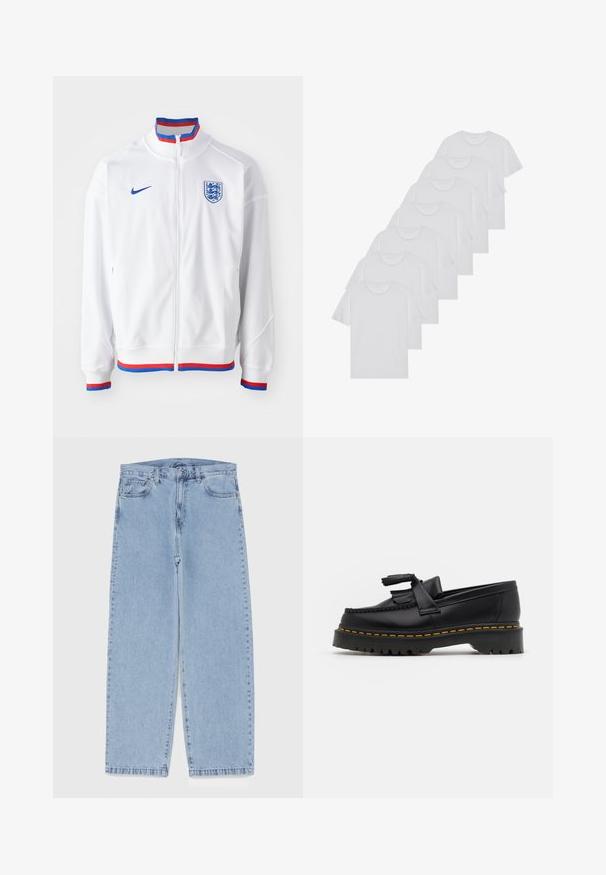 Balta Nike striukė su užtrauktuku, mėlynos spalvos akcentai ant logotipo ir apykaklės, bei raudoni ir mėlyni dryžuoti apvadai ant rankovių ir apačios.; Baltos medvilninės marškinėliai, trumpomis rankovėmis, apvaliu kaklu, lygia tekstūra, sušluoti į eilę, su subtiliu prekės ženklu ant kaklo.; Šviesiai mėlyni džinsai su tiesiomis kojomis, turintys vidutinio aukščio juosmenį, penkias kišenes ir mygtuko bei užtrauktuko uždarymą.; Juodas odinis loaferis su kutais, turintis masyvų juodą pado ir geltonus siūlus palei kraštą. Textūruota danga.