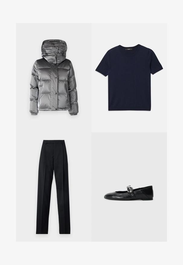 Yves Salomon DOUDOUNE  - Piumino - basalte; T-shirt a maniche corte blu navy realizzato in tessuto morbido, con scollatura rotonda e bordi a costine, texture liscia e senza motivi visibili.; Pantaloni neri realizzati in tessuto morbido, caratterizzati da vita alta, gambe larghe, pince frontali e classiche passanti per cintura. Non ci sono tasche laterali visibili.; Ballerine in pelle nera con punta appuntita, dotate di una fascia con una fibbia metallica circolare e suola piatta.