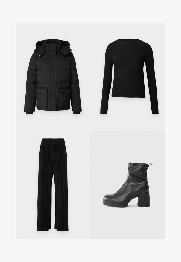 Czarna kurtka puchowa z kapturem, pikowany fason, dwa przednie kieszenie oraz elastyczne mankiety. Posiada wysoki kołnierz i zatrzaskowe zapięcia.; Czarny, prążkowany, dopasowany sweter z długim rękawem i okrągłym dekoltem, wyeksponowany na jednolitym jasnym tle.; Czarne spodnie plisowane z elastycznym paskiem w talii. Posiadają szerokie nogawki oraz gładki, teksturowany materiał z pionowymi paskami.; Czarne botki za kostkę wykonane z gładkiej skóry, wyposażone w boczny zamek błyskawiczny, masywny teksturowany obcas oraz zaokrąglony czubek.