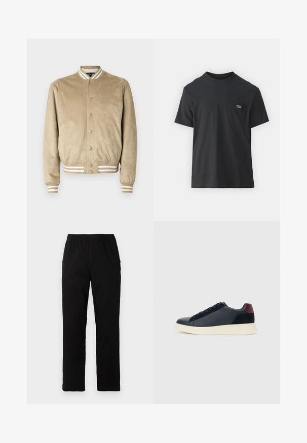 Beige suede bomber jacket with a round collar, snap-button front, and ribbed striped cuffs and hem in beige and brown tones.; Black cotton t-shirt with short sleeves, round neckline, and a small green logo on the left chest pocket. Simple design, regular fit.; Black pants made of cotton blend fabric, featuring a straight cut, elastic waistband with button, and no visible patterns or accents.; Low-top men's sneaker in black leather and suede with maroon heel tab and white rubber sole, viewed from the outer side.