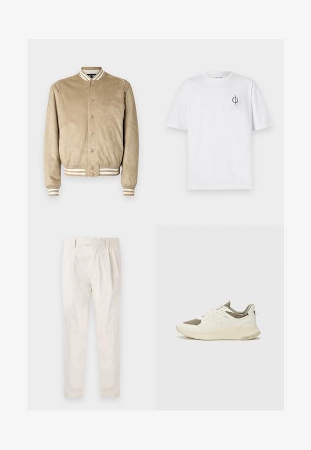 Bež suknja bomber jakna s okruglim ovratnikom, prednjim dijelom na kopčanje gumbima i rebrastim prugastim manžetama i donjim dijelom u bež i smešnim tonovima.; Bijela pamučna majica s opuštenim krojem, s malim crnim grafičkim logotipom na lijevoj prečki. Kratki rukavi, okrugli izrez.; Bijele, naborane hlače s krojem po mjeri, koje imaju glatku teksturu, petlje za pojas i sužene nogavice. Nema vidljivih džepova ili uzoraka.; Bijele i svijetlosmeđe sportske tenisice, sa mrežastim gornjim dijelom, perforiranim detaljima i teksturiranim međutrakom sa brendom na peti.