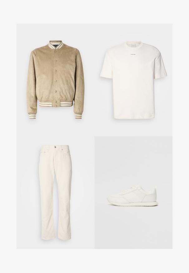 Beige nubuk bomber-jakk, millel on ümar krae, nööbiga eesmine sulgemine ja ribaga triibulised mansetid ja alläär beežide ja pruunide toonidega.; Valge puuvillane T-särk, millel on ümar kaelus, lühikesed varrukad ning rinnas keskel tikitud "Calvin Klein" logo. Üksluisus.; Bežist puuvillased teksad klassikalise sirge lõikega, ees nupu sulgemisega, viie taskuga ja peene õmbluse detailidega.; Valged tennisesid, millel on võrgust ja sünteetilisest materjalist ülemine osa, ümar varvas, lamedad paelad ja tekstureeritud külgmine triip. Kummist tallaosa, tagaküljel tõmbetab.