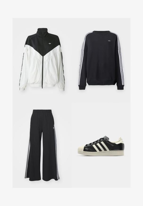 White and black zip-up jacket with a high collar, featuring a chevron design, elastic cuffs, and side stripes. Lightweight fabric, sporty style.; Black sweatshirt with long sleeves, white stripes running down each arm, and a small gray logo on the chest. Cotton material, casual fit.; Black wide-leg sweatpants with an elastic waistband, featuring white side stripes and an embroidered logo on the left thigh.; Black leather sneaker with white stripes, rubber toe cap, black laces, and a cream-colored outsole. Smooth texture with shiny finish.