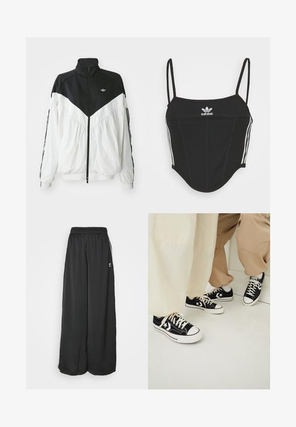 Jachetă albă și neagră cu fermoar, cu un guler înalt, având un design în zig-zag, manșete elastice și dungi laterale. Material ușor, stil sportiv.; Top scurt negru cu nervuri, cu bretele subtiri ajustabile, având trei dungi albe pe laterale și un mic logo alb Adidas în centru.; Pantaloni de trening negri, cu croială lejeră, dintr-un material neted. Dispun de o talie elastică și dungi laterale cu accente ale logo-ului.; Sneakers negre din pânză cu tălpi albe din cauciuc, având accente albe în formă de stea și șireturi negre, asortate cu pantaloni bej deschis și crem.