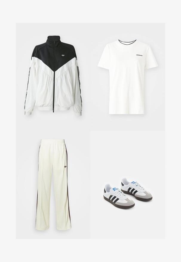 Valge ja must tõmblukuga jakk kõrge kraega, millel on chevron-muster, elastsed mansetid ja külgede triibud. Kerge kangas, sportlik stiil.; Valge puuvillasest t-särgist lühikeste varrukatega ja ümarate kaelustega. Rinnal on must Adidas'i logo ning kontrastne must sisekaelus.; Kreemivärvi lõdvalt istuvad dressipüksid, mis on varustatud tumeda pruuniga külgtriipudega ja vasakul reiel tikitud logoga.; Spordijalatsid valge nahkpealsega, halli nubuk-naha otsaga ja kolme musta triibuga. Omab sinist logo keele peal ja struktureeritud kummitalda.