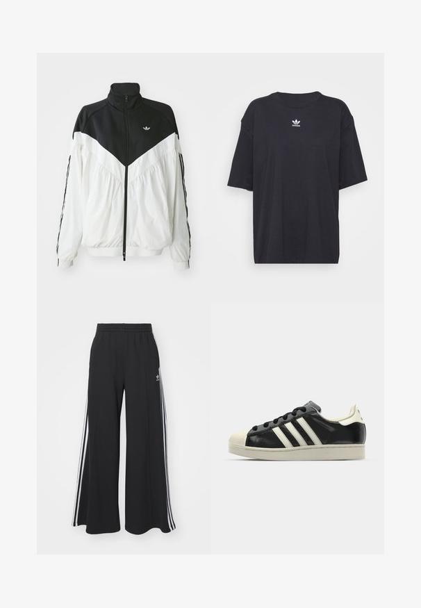 Jachetă albă și neagră cu fermoar, cu un guler înalt, având un design în zig-zag, manșete elastice și dungi laterale. Material ușor, stil sportiv.; Tricou din bumbac negru cu mâneci scurte, gât rotund, prezentând un logo Adidas alb pe piept. Design simplu, croi lejer.; Pantaloni de trening negri cu croială largă, prevăzuți cu un brâu elastic, având dungi laterale albe și un logo brodat pe coapsa stângă.; Sneaker din piele neagră cu dungi albe, vârf din cauciuc, șireturi negre și talpă de culoare crem. Textură netedă cu finisaj strălucitor.
