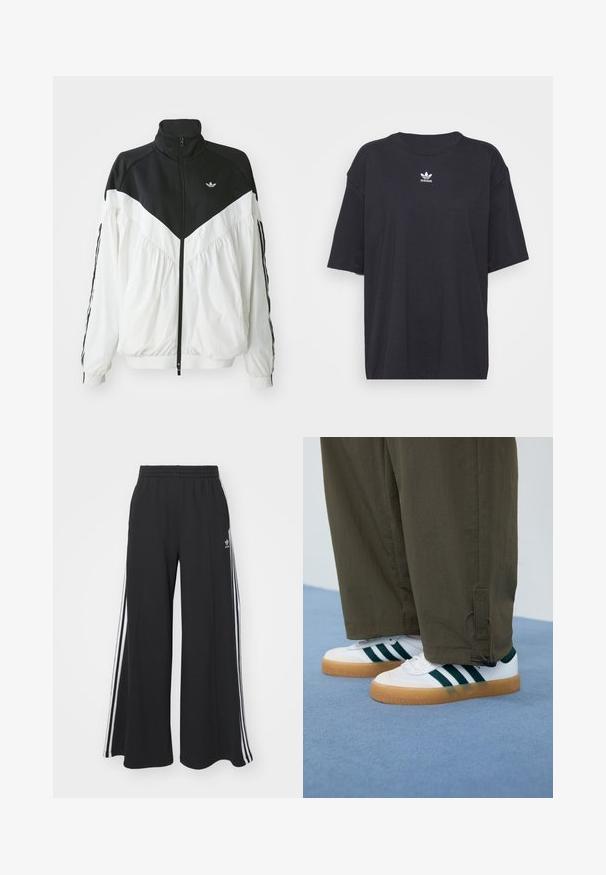 White and black zip-up jacket with a high collar, featuring a chevron design, elastic cuffs, and side stripes. Lightweight fabric, sporty style.; Black cotton t-shirt with short sleeves, round neckline, features a white Adidas logo on the chest. Simple design, relaxed fit.; Black wide-leg sweatpants with an elastic waistband, featuring white side stripes and an embroidered logo on the left thigh.; White sneakers with green stripes, gum rubber soles, paired with olive green, tapered pants featuring ankle toggles.