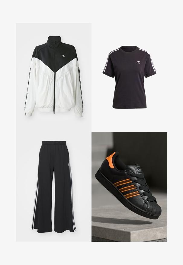 Valkoinen ja musta vetoketjullinen takki korkealla kauluksella, jossa on viertomerkki (chevron) -kuvio, joustavat hihansuut ja sivuraitoja. Kevyt kangas, urheilu-tyylinen.; Musta puuvillainen lyhythihainen t-paita pyöreällä kauluksella, jossa on valkoiset raidat olkapäillä ja pieni valkoinen Adidas-logo rinnassa.; Mustat löysät verkkarit, joissa on joustava vyötärö, valkoiset sivuraidat ja brodeerattu logo vasemmassa reidessä.; Musta sneaker oransseilla yksityiskohdilla, kolme vaakasuuntaista raitaa, tekstuuri-nahkapinta, kuminen varvaskansi ja mustat nauhat.