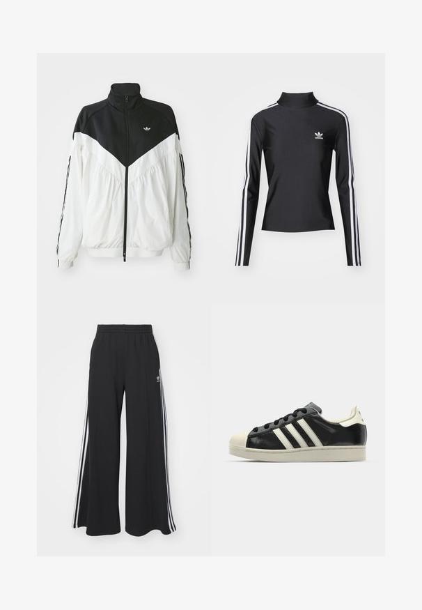 Jachetă albă și neagră cu fermoar, cu un guler înalt, având un design în zig-zag, manșete elastice și dungi laterale. Material ușor, stil sportiv.; Top negru cu mânecă lungă și guler înalt, confecționat dintr-un material neted. Prezintă dungi laterale albe și un mic logo alb pe piept.; Pantaloni de trening negri cu croială largă, prevăzuți cu un brâu elastic, având dungi laterale albe și un logo brodat pe coapsa stângă.; Sneaker din piele neagră cu dungi albe, vârf din cauciuc, șireturi negre și talpă de culoare crem. Textură netedă cu finisaj strălucitor.