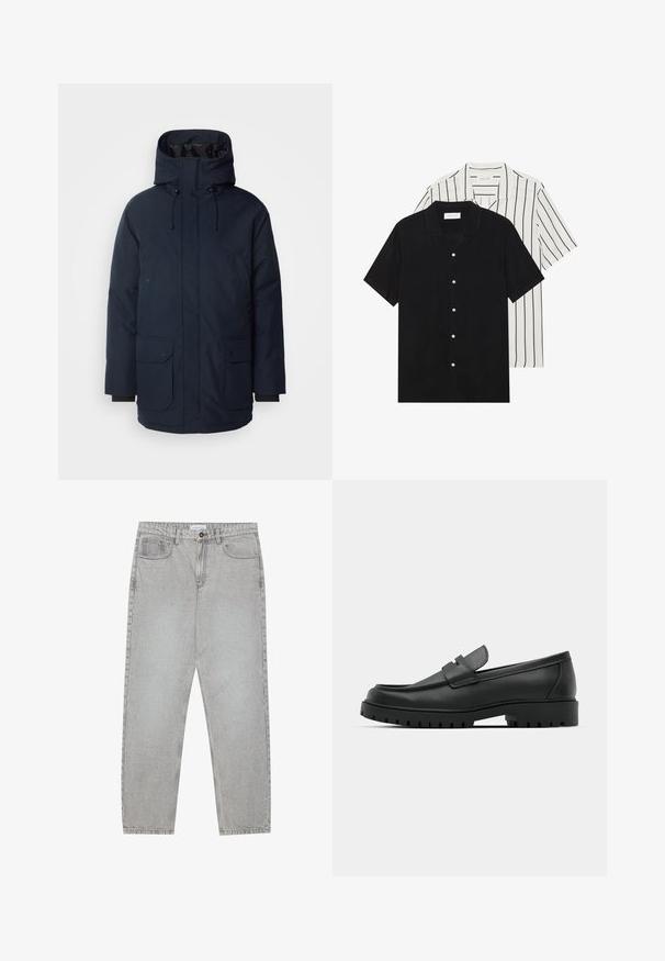 Casaco parka azul-marinho com gola alta, capuz ajustável, dois bolsos frontais com aba e punhos em ribana. Feito de tecido texturizado e resistente à água.; Duas camisas de manga curta: uma preta sólida e uma branca com riscas verticais pretas. Ambas possuem fecho de botões e um colarinho clássico.; Calças de ganga cinza claro com um design de perna reta, estilo de cinco bolsos e fecho com botão. Costura visível ao longo das costuras.; Sapatilhas de couro preto com bico arredondado, apresentando um design cosido, sola de plataforma baixa e um solado de borracha texturizado e com cravos.