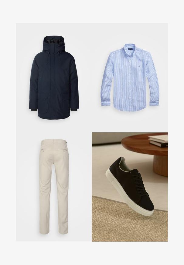Ναυτικό μπλε μπουφάν parka με ψηλό γιακά, ρυθμιζόμενη κουκούλα, δύο μπροστινές τσέπες με καπάκι και ραμμένα μανίκια. Κατασκευασμένο από υφασμάτινη υφή ανθεκτική στο νερό.; Μπλε και λευκή ριγέ μακρυμάνικη μπλούζα από βαμβάκι, με κλασικό γιακά, εμπρόσθια κουμπιά και ένα μικρό κεντημένο λογότυπο στο στήθος.; Μπεζ παντελόνι με ομαλή υφή, ίσια γραμμή, δύο πίσω τσέπες με κουμπιά και κανονική μέση.; Μαύρο αθλητικό παπούτσι με λευκή σόλα που αιωρείται πάνω από μπεζ υφή χαλιού κοντά σε στρογγυλό ξύλινο τραπέζι με στοίβες βιβλίων.