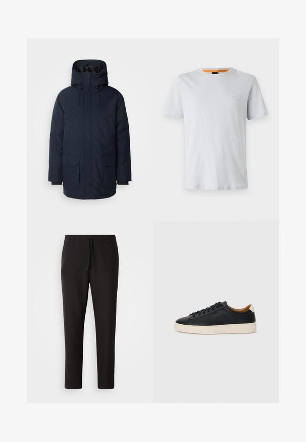 Jachetă parka de culoare bleumarin cu guler înalt, glugă ajustabilă, două buzunare frontale cu clapetă și manșete cu nervuri. Fabricată dintr-un material texturat rezistent la apă.; Tricou scurt, de culoare gri deschis, din bumbac, cu un mic logo pe piept și un accent portocaliu contrastant la guler.; Pantaloni de jogging negri, confecționați dintr-un material neted. Prezintă un talie elastică cu șnur, picioare conice și fără buzunare vizibile. Design simplu.; Căști din piele neagră cu o textură netedă, talpă din cauciuc bej, design cu șireturi și un accent contrastant la călcâi.