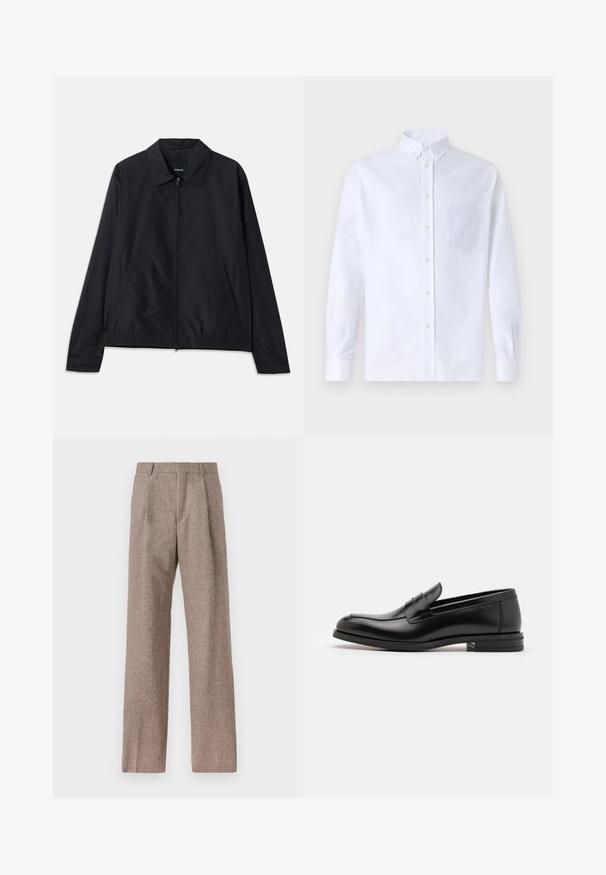 Must sujeeni jope, millel on kaelus, ees tõmblukk, küljetaskud ja elastne vöökoht. Sile, mati tekstuur.; Valge pikamaa varrukatega nööbiga särk, mis on valmistatud puuvillast ja millel on rinna tasku toon-toonis brodeeringuga, krae ja nööbiga mansetid.; Prunnid, kõrge vöökohaga püksid, mis on valmistatud tekstureeritud kangast. Omavad laiu jalgu ja kahte eesmist voldikut struktuuri jaoks. Korralik viimistlus, ilma nähtava riistvarata.; Mustad mustad nahast loafers sileda tekstuuriga, ümarat ninaosa ja dekoratiivne riba vampi üle. Madal kihiline konts, minimalistlik disain.