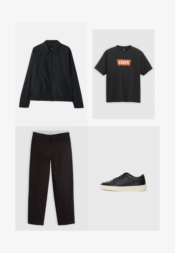 Black lightweight jacket with a collared neck, front zip closure, side pockets, and elasticized waistband. Smooth, matte texture.; Black cotton t-shirt featuring a large orange Levi's logo on the front, short sleeves, and a crew neck design.; Black straight-leg chinos with belt loops, button closure, and side pockets, displayed on a light gray background.; Black low-top leather sneaker with black laces and off-white sole shown in side profile on white background.