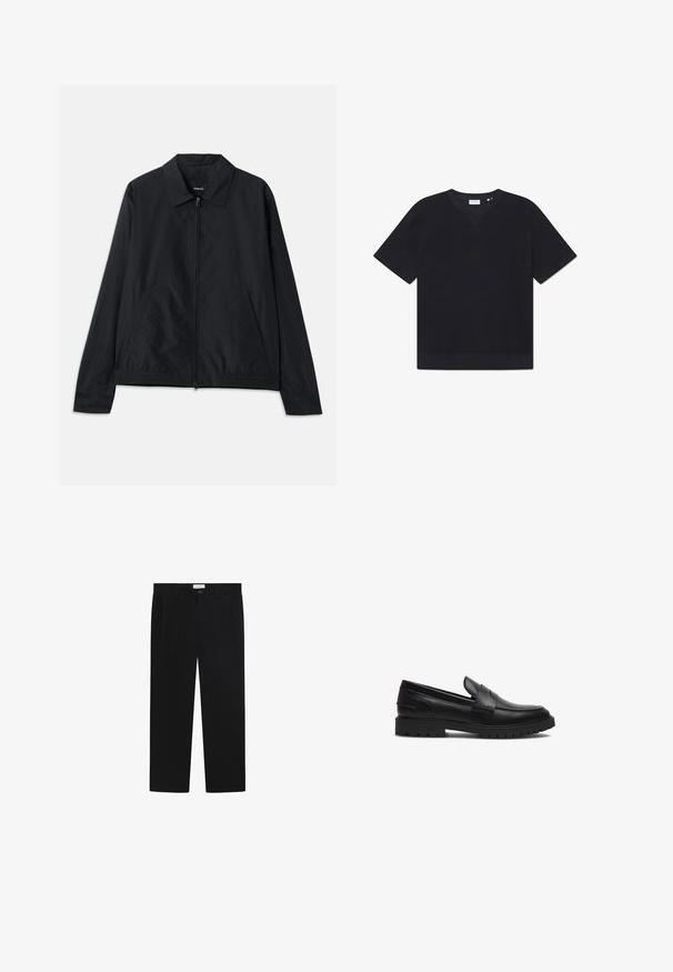 Black lightweight jacket with a collared neck, front zip closure, side pockets, and elasticized waistband. Smooth, matte texture.; Black short-sleeve t-shirt made from textured material, featuring a round neckline and a straight hem. No visible patterns or accents.; Black trousers featuring a straight-leg design, front pockets, and a button closure. Made from a smooth fabric with a sleek finish.; Les Deux THATCHER - Slip-ons - black