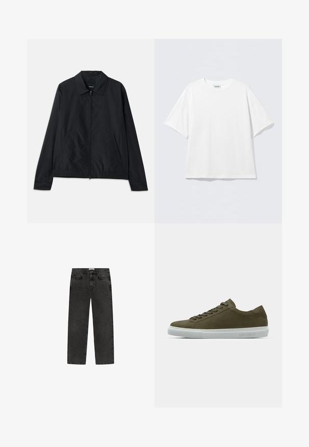 Melnā vieglā jaka ar apkakles kaklu, priekšējo rāvējslēdzēja aizdari, sānu kabatām un elastīgu jostasvietu. Gluda, matēta tekstūra.; Balts kokvilnas īsroku krekls ar apaļu kakla izgriezumu un brīvu pieguvi. Bez redzamām rakstu vai akcentiem. Vienkāršs dizains.; Melni džinsi ar taisnu kāju dizainu, piecām kabatām un aizdari ar pogu. Raksturīga viegli izbalējusi tekstūra un šuvju detaļas.; Olive zaļas zamšādas tenisa apavi ar baltu gumijas zoli, apaļu purngali un plakanu šņorēm. Malā redzama zīmola nosaukums "LES DEUX." Gluda tekstūra.