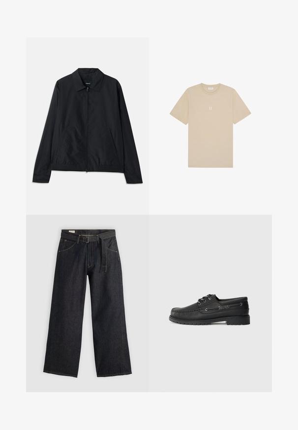 Must sujeeni jope, millel on kaelus, ees tõmblukk, küljetaskud ja elastne vöökoht. Sile, mati tekstuur.; Beige puuvillane t-särk lühikeste varrukatega ja ümmarguse kaelusega. Omab väikest, tsentraalset graafikat "II" heledamas tooni.; Tumed denimist laiad püksid vööga, esikülgedel on taskud ja kontrastne õmblus. Sile tekstuur ja puhas disain.; Must have musta saapad mustast nahast paksu kummitallaga, nööridega ees ja dekoratiivsete külgmiste augudega hallil üheltoonil taustal.