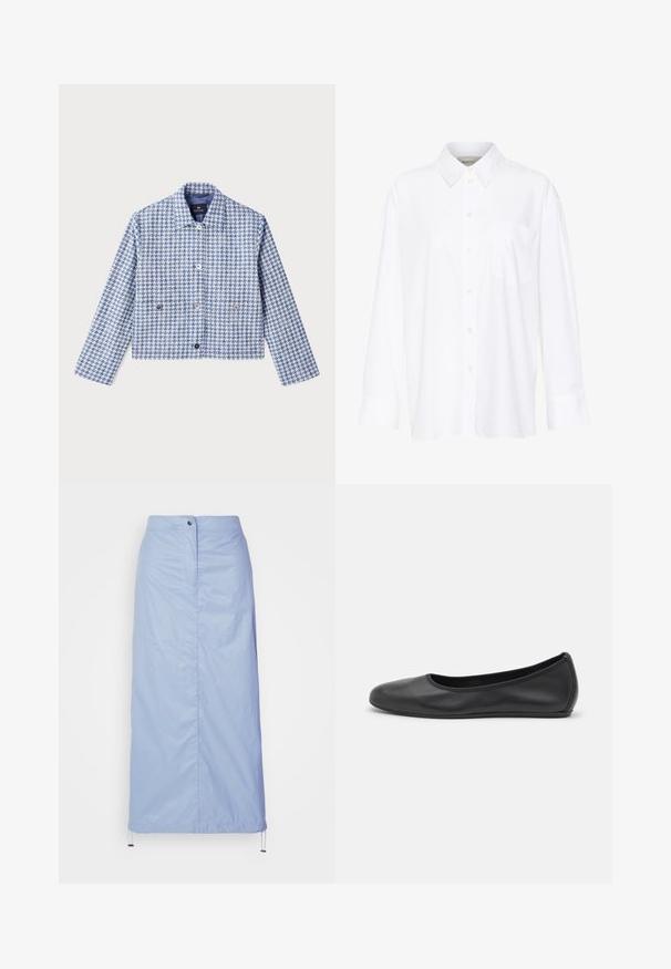 PS Paul Smith Džinsinis švarkelis - blue; Balta ilgomis rankovėmis marškiniai su apykakle, pagaminti iš medvilnės. Su mygtukų užsegimu priekyje ir viena krūtinės kišenė. Lygus paviršius, laisvas siluetas.; Šviesiai mėlyna, vidutinio ilgio sijonas, pagamintas iš sklandžios, lengvos medžiagos su tiesiu kirpimu, turi priekinius mygtukus ir raištelį apatinėje dalyje.; Juodai odiniai baletai su apvaliu pirštu, lygi texture, minimalus siuvimo detales ir lanksčiu padų dizainu.