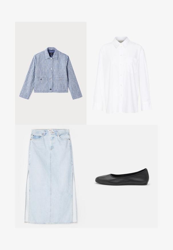 PS Paul Smith Džinsa auduma jaka - blue; Baltais garo piedurkņu krekls ar apkakli, izgatavots no kokvilnas. Aprīkots ar pogu aizdari priekšā un vienu krūšu kabatu. Gluda tekstūra, brīvs piegriezums.; Gaiši zilā denima maksi svārki ar taisnu griezumu, ar sānu šķēlēm un piecu kabatu dizainu. Izteikta izšūšana un metāla pogas aizdare.; Melna ādas baleta kurpe ar noapaļotu purngalu, gludu tekstūru, minimālu šuvju detalizāciju un elastīgu zoles dizainu.