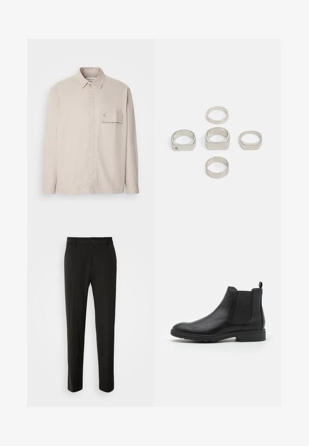 Beige long-sleeve shirt made of cotton with a buttoned collar, front pocket, and subtle logo on the pocket. Smooth texture, classic design.; Black turtleneck sweater made of soft material, featuring long sleeves and a snug fit. Ribbed trim at the hem and cuffs. Simple design.; Black trousers made of smooth fabric, featuring straight legs, a button closure, and a classic design suitable for formal or casual wear.; Black leather Chelsea boot with elastic side panels and a pull tab, featuring a rounded toe and textured rubber sole.; Set of six metallic silver rings in various shapes, including round and square, featuring smooth textures and minimalistic design.