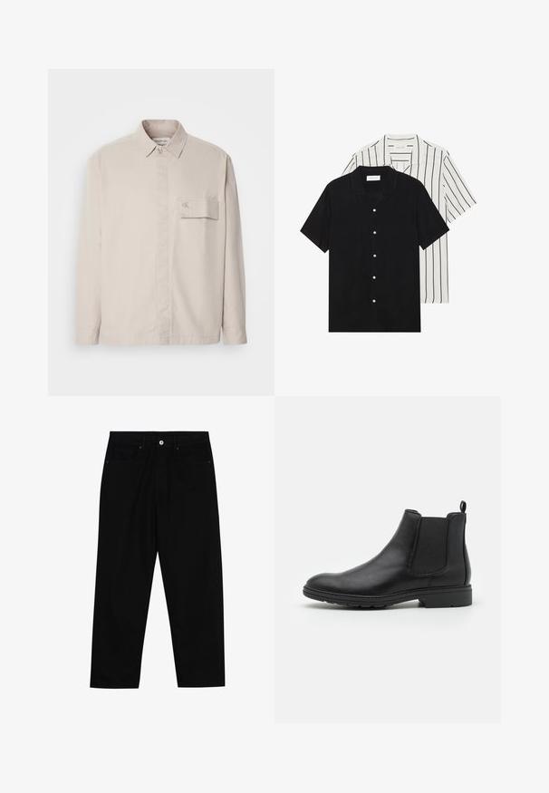 Šviesiai ruda medvilninė ilgomis rankovėmis marškiniai su mygtukų apykakle, priekinė kišenė ir subtilus logotipas kišenėje. Lygus paviršius, klasikinis dizainas.; Du šortais rankovėmis marškiniai: vieni visiškai juodi, kiti balti su juodomis vertikaliomis juostelėmis. Abu turi mygtukų užsegimus ir klasikinį apykaklę.; Juoda džinsinė kelnė su tiesiu kirpimu, penkių kišenių dizainu ir priekiniais mygtukais. Lygus paviršius su minimaliu siuvimo detalėmis.; Juodas odinis Čelsio batų modelis su elastinėmis šoninėmis juostelėmis ir kilpike, apvalia nosimi ir tekstūruotu guminiu padu.