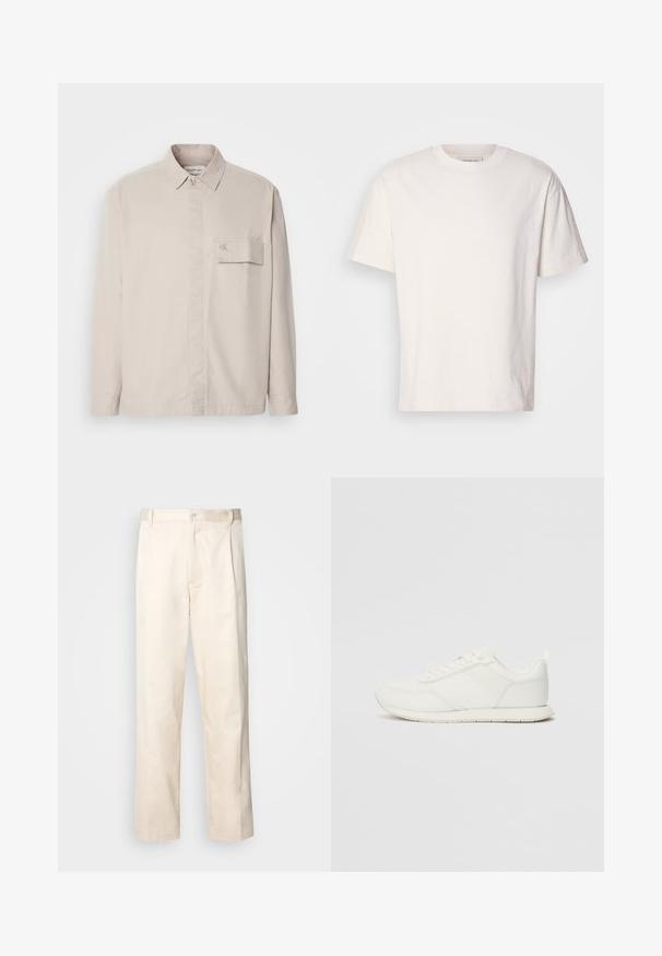 Beige langermet skjorte laget av bomull med knytekrage, frontlomme og subtilt logo på lommen. Glatt tekstur, klassisk design.; Kremfarget bomulls t-skjorte med rund hals. Korte ermer og avslappet passform. Har en liten logo på halslinningen. Glatt tekstur.; Beige bomullsbukser med rett benfatt, med knappelukking og folder foran for ekstra detaljer.; Hvit sneaker med en mesh- og syntetisk overdel, rund tå, flate lisser og en teksturert sidestropp. Gummisåle med en pull-tab bak.