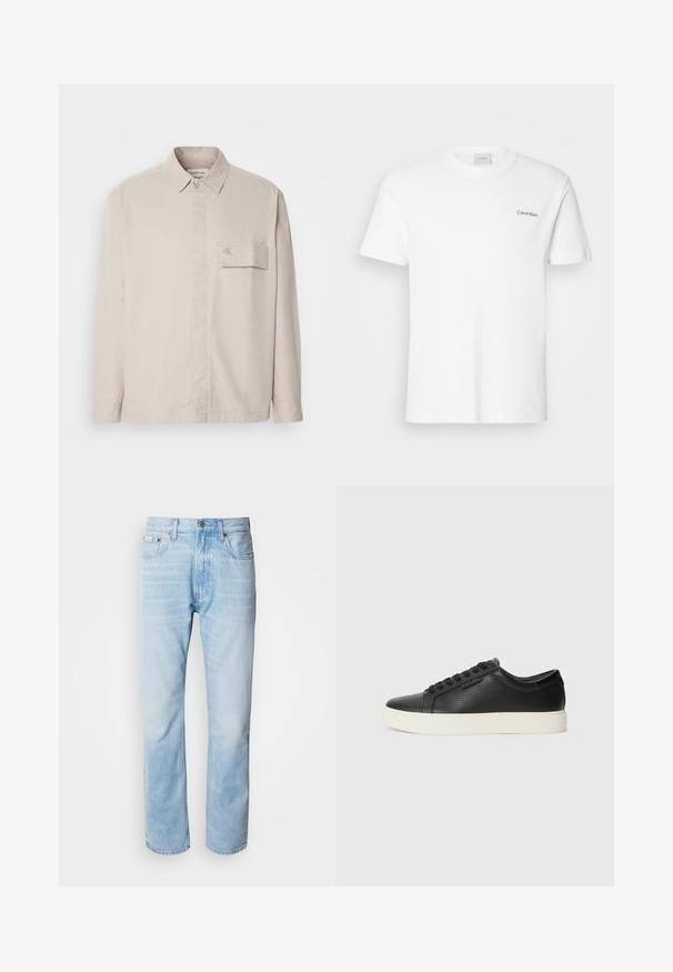 Beige színű, hosszú ujjú, pamutból készült ing gombos gallérral, elülső zsebbel és diszkrét logóval a zseben. Sima textúra, klasszikus dizájn.; Fehér pamut póló rövid ujjakkal és kerek nyakkivágással. Bal mellkason egy kis fekete "Calvin Klein" logó található.; Világoskék farmernadrág egyenes fazonnal, kopott részletekkel, öt zsebes kialakítással és klasszikus gombos zipzárral.; Fekete bőr sportcipők perforált textúrával, kerek orral és lapos fehér gumi talppal. Fekete fűzőkkel és diszkrét logóval az oldalon.