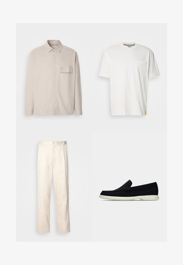 Beige pitkähihaine paita, joka on valmistettu puuvillasta, napitettavalla kauluksella, etutaskulla ja hillityllä logolla taskussa. Suoratekstuurinen, klassinen muotoilu.; Valkoinen puuvillapaita, jossa on pyöreä kaula-aukko, lyhyet hihat ja vasemmalla rintatasku. Paidan sivusaumassa on pieni logotägi.; Vaaleanbeige puuvillahousut, joissa on suora lahje, varustettu nappisulkeisella ja etupuolella olevilla laskoksilla lisäyksinä.; Musta liukusukeltava kenkä, jossa on pyöristetty kärki, teksturoitu päällinen, sileä valkoinen pohja ja huomaamaton brändäysdetaili sivussa.