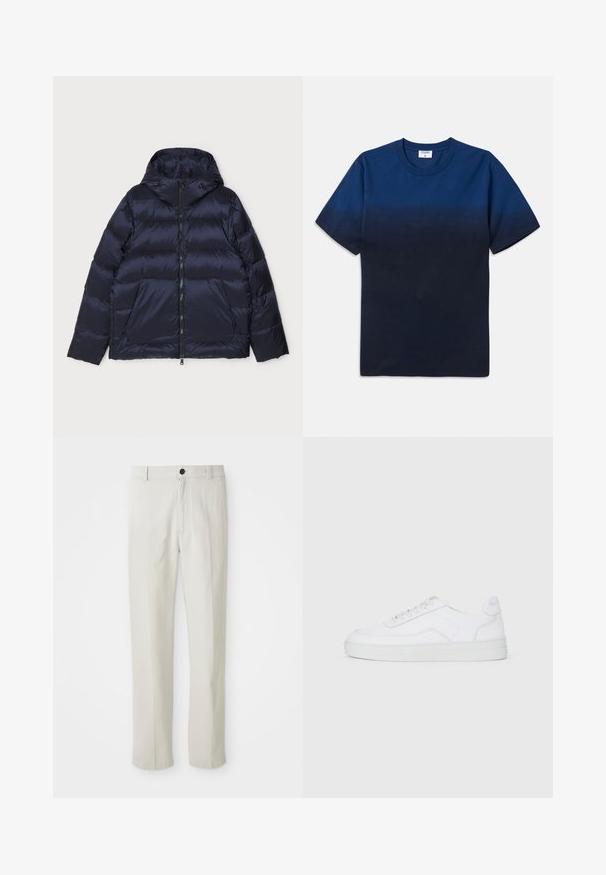 Veste rembourrée navy avec capuche, présentant un design matelassé horizontal, une fermeture éclair à l'avant et deux grandes poches extérieures. Texture lisse et brillante.; T-shirt en coton bleu marine avec un col rond, des manches courtes et un motif dégradé subtil passant de teintes plus claires à plus foncées.; Pantalons beiges à jambe droite avec passants de ceinture, bouton avant et fermeture éclair, présentés à plat sur un fond blanc.; Baskets basses blanches avec un devant à lacets, tige lisse et semelle en caoutchouc sur fond clair.