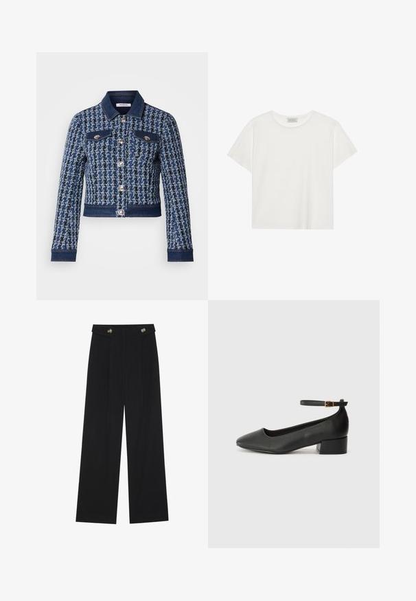 denim takki, jossa on teksturoitu sininen ja musta kudontamalli, hopeanväriset napit, kaksi rintataskua ja denimkoristeet kauluksessa ja helmassa.; Valkoinen lyhythihainen T-paita, joka on valmistettu pehmeästä puuvillasta. Siinä on pyöreä kaula-aukko ja rento istuvuus. Siisti muotoilu ilman näkyviä kuvioita tai yksityiskohtia.; Mustat leveälahkeiset housut, joissa on korkea vyötärö, napit vyötärönauhassa ja etupuolella laskokset.; Mustat nahkakengät, joissa on terävä kärki ja matala lohkare korko. Varustettu nilkkahihnalla, jossa on kultasävyinen solki. Lisää sileä pinta.