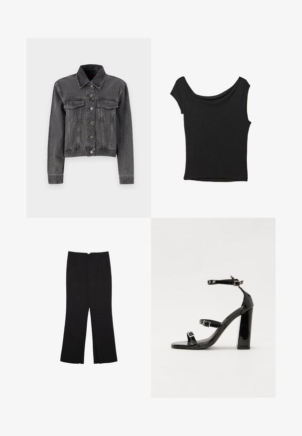 ONLY ONLHUDSON DECO JACKET - Jeansjacka - grey denim; Svart kortärmad topp i slät tyg; har en draperad halsringning och asymmetrisk nederkant, med en figursydd kropp.; Svarta byxor med rak passform, utrustade med framfickor och sidoklyvningar vid fållen. Tillverkade av mjukt, slätt tyg. Lämpliga för olika tillfällen.; Svarta lackerade klacksandaler med fyrkantig tå, ankelremmar och silverfärgade spännen. Har en kraftig blockklack för stabilitet.