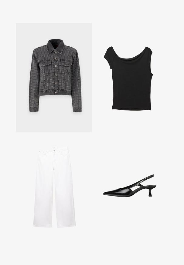 ONLY ONLHUDSON DECO JACKET - Traper jakna - grey denim; Crna majica kratkih rukava od glatkog materijala; ima drapirani izrez i asimetrični donji rub, uz prilagođeni kroj tijela.; Bijele široke traperice izrađene od denima s glatkom teksturom. Imaju zatvaranje na dugme i patentni zatvarač s dva prednja i dva stražnja džepa.; Crne lakirane natikače na remenčić sa špicastim nosom, dizajnom sa izrezima sa strane i malim kvadratnim potplatom. Glatka tekstura s minimalnim akcentima.