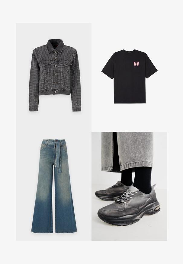 ONLY ONLHUDSON DECO JACKET - Denim jacket - grey denim; Black cotton t-shirt with short sleeves, featuring a small pink butterfly graphic on the left chest. Crew neck design with a relaxed fit.; Wide-leg denim trousers featuring a light to dark blue gradient, high waist, belt loops, and a matching fabric belt. Textured denim finish.; Black and gray athletic shoes feature a mesh upper, thick soles, and laces. They have a rounded toe and visible cushioning detail.