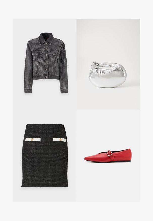 ONLY ONLHUDSON DECO JACKET - Džinsa auduma jaka - grey denim; Balta bezpiedurkņu topiņš no ribotā auduma, ar noapaļotu kakla izgriezumu un pieguļošu siluetu, ar minimālām šuvēm un bez rotājumiem.; Melns tweed svārki ar teksturētu audumu un pieguļošu dizainu. Ar divām baltām kabatu akcentiem un zelta toņa pogām.; Sarkanais ādas plakanās kurpes ar smailu purngalu, ar sānu siksnu un metāla sprādzi, kā arī zemu melnu papēdi. Visa virsma ir gluda.; Sudraba metāliska poga somiņa ar mīkstu, noapaļotu formu un mezgla augšējo aizdari. Izgatavota no gludas mākslīgās ādas materiāla.