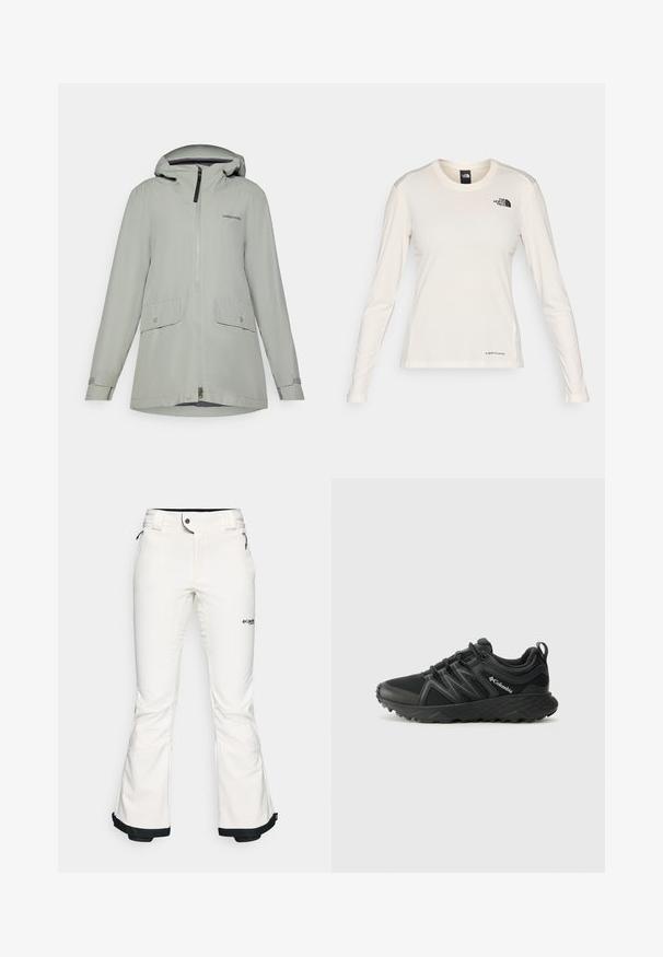 Gaiši pelēks ūdensizturīgs jaka ar rāvējslēdzēju priekšpusē, kapuci, divām priekšējām kabatām un regulējamiem piedurknēm; izgatavota no gludas, vieglas auduma.; The North Face SHADOW LONG SLEEVE - Tops ar garām piedurknēm - white dune; Baltas slēpošanas bikses, kas izgatavotas no mīksta, elastīga materiāla. Aizdare ir pielāgota viduklim, plašas, izplestas kājas un melns apdare pie piedurknēm. Redzams zīmola logo.; Columbia PEAKFREAK - Pārgājienu apavi - black