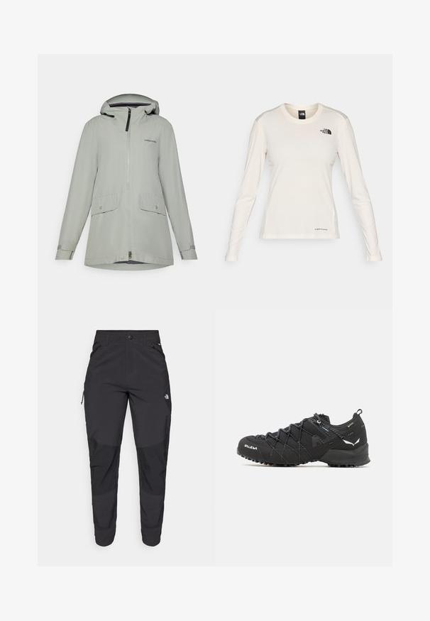 Helehall hallikas veekindel jope, millel on lukuga eesmine osa, kapuuts, kaks eesmist taskut ja reguleeritavad mansetid; valmistatud siledast ja kergest kangast.; The North Face SHADOW LONG SLEEVE - Pikkade varrukatega topp - white dune; Must black välitingimustes püksid, mis on valmistatud vastupidavast kangast. Omavad lukugaTaskuid, tugevdatud põlvepaneele ja sirget lõiget liikuvuse tagamiseks.; Mustad matkajalatsid tekstuurse kangas ülaosaga, sidumisüsteemiga ja jäiga kummitaldiga. Kaunistatud peegeldavate detailide ja logodega.